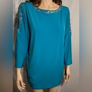 WOMENS LARGE COLD SHOULDER SEQUIN RHINESTONE LONG SLEEVE SUSAN GRAVER BLOUSE